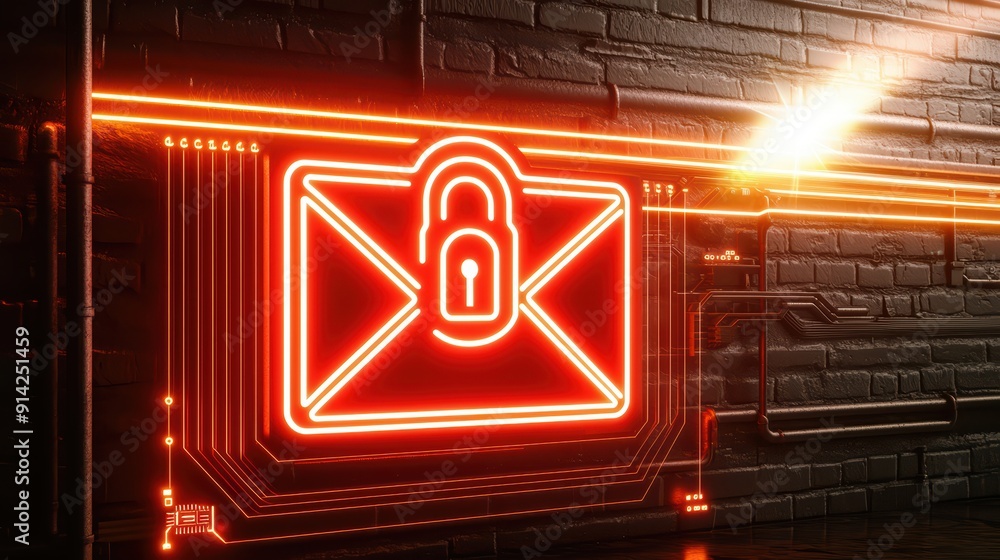 A neon illuminated envelope with a padlock symbol on a dark brick wall, representing secure communication in a digital age. A neon illuminated envelope with a padlock symbol on a dark brick wall, representing secure communication in a digital age.