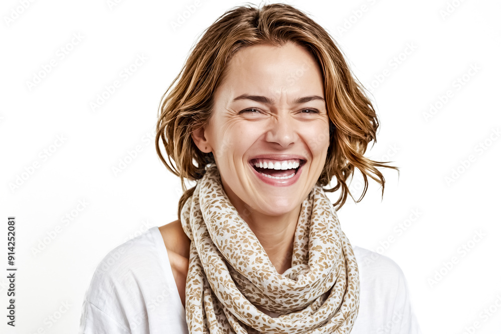 Happy woman laughing with white background Happy woman laughing with white background