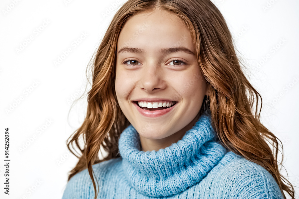 Portrait of a Happy Young Woman in a Blue Sweater Portrait of a Happy Young Woman in a Blue Sweater