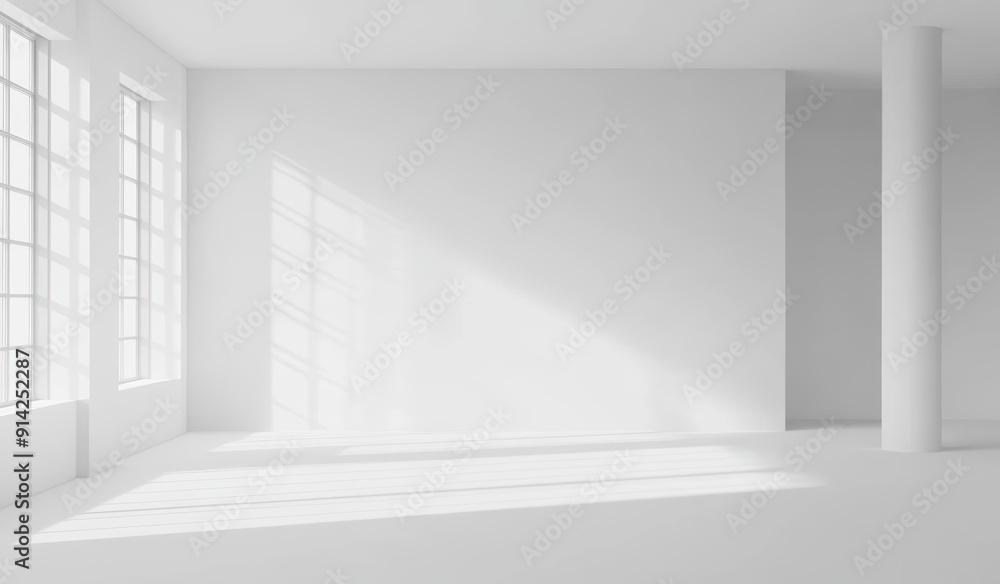 Fototapeta premium A white wall mockup in a modern empty gallery, rendered in 3D. A big stand mockup in a museum with contemporary art exhibitions. A large hall interior with wide banner exposition templates.