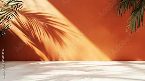 Tropical Palm Leaf Shadows on Orange Background. photo