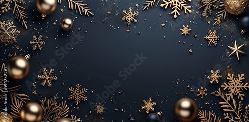 A black background with gold snowflakes and gold balls