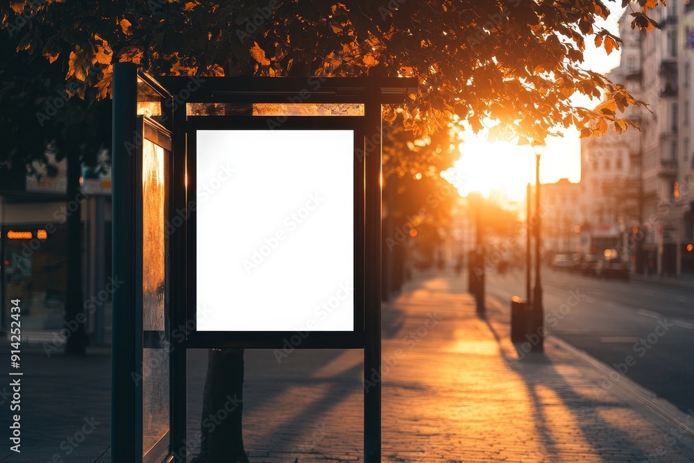Empty white information mock-up on city bus stop, blank vertical billboard near paved street with red tourist bus, clear placeholder frame in urban settings with copy space for text or advertising Empty white information mock-up on city bus stop, blank vertical billboard near paved street with red tourist bus, clear placeholder frame in urban settings with copy space for text or advertising