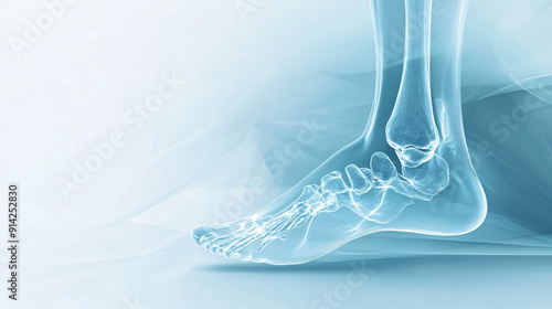 A foot X-ray showing bones and an ankle fracture, placed on a sleek, abstract background with minimalist design elements in soft blue and white