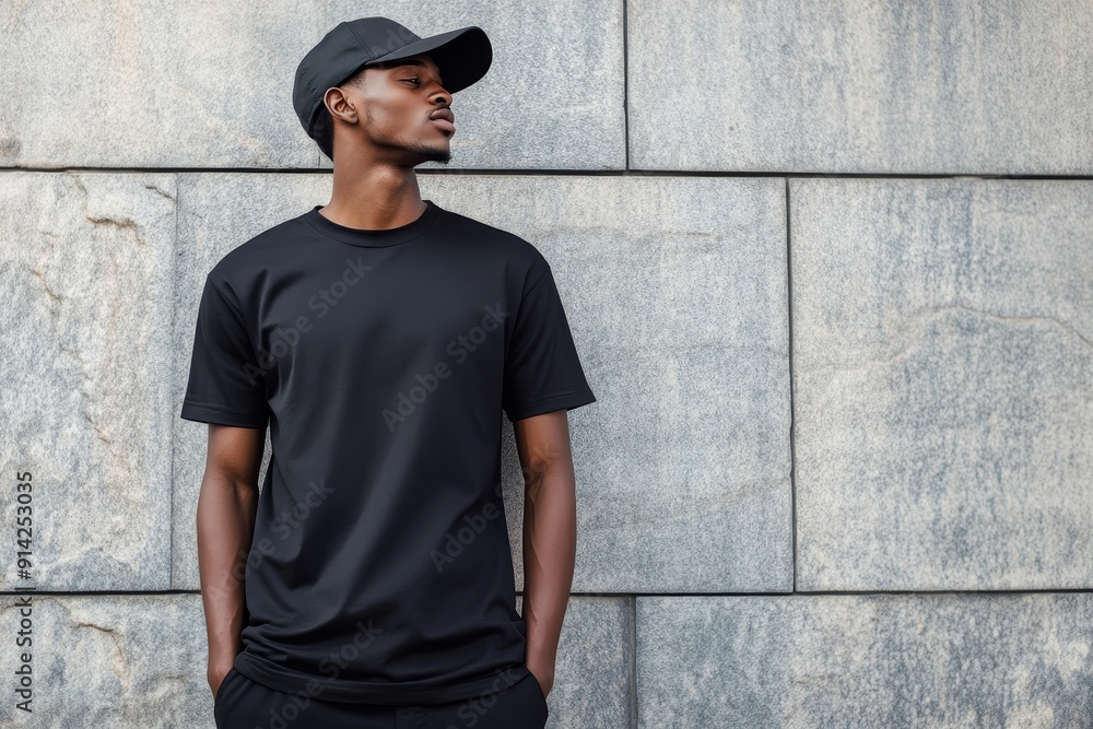 Standing against a brick wall is a handsome African American man in a blank black t-shirt Standing against a brick wall is a handsome African American man in a blank black t-shirt