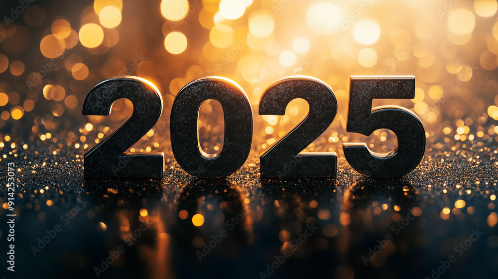 Elegant New Year '2025' in sleek black numbers against golden bokeh background for celebrations, greetings, and festive designs. Elegant New Year '2025' in sleek black numbers against golden bokeh background for celebrations, greetings, and festive designs.