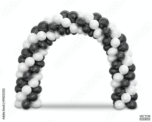 3D render balloon arch entrance. Black and white Balloons in the Shape of Arc, Gate, or Portal isolate on a white background for card. 3d vector illustration.