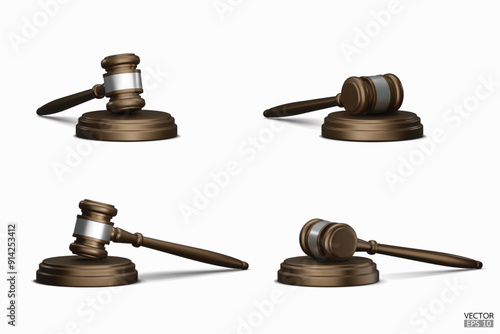 Realistic wooden judge hammer isolated on a white background. Judge's gavel hammer for adjudication. 3D Vector illustration