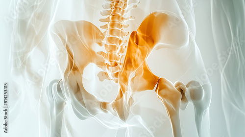 A hip X-ray displaying the pelvic bones and hip joint, with a contemporary, clean background featuring abstract shapes and a light color scheme