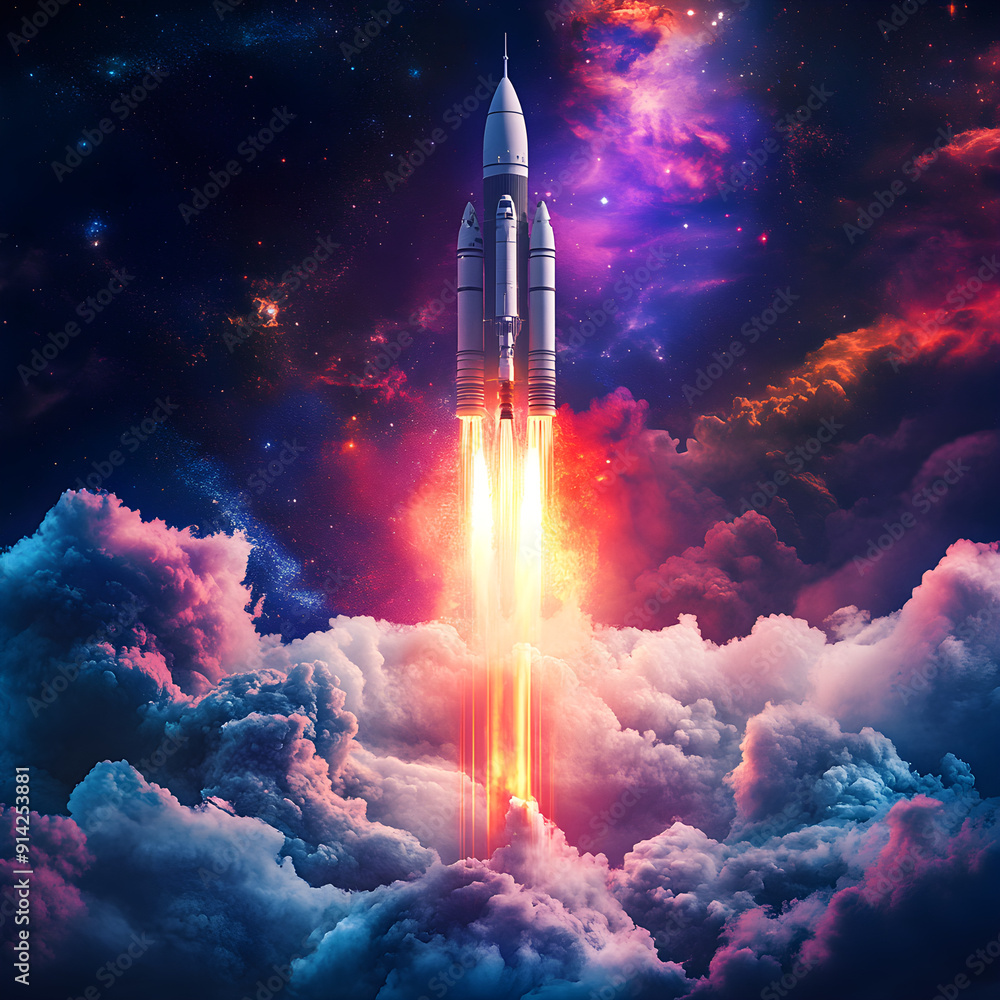 Naklejka premium A vibrant digital illustration of a rocket launching into space, surrounded by swirling, colorful clouds, representing creativity and innovation