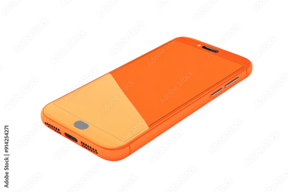Close-up of a vibrant orange smartphone with a sleek design, showcasing its screen and side buttons. Perfect for technology-themed projects. Close-up of a vibrant orange smartphone with a sleek design, showcasing its screen and side buttons. Perfect for technology-themed projects.