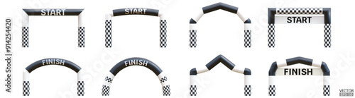 Set of inflatable arches start and finish line isolate on white background. Realistic mockups in black and white with text for Marathon Racing, and outdoor sports events. 3D vector illustration