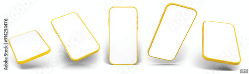 3D yellow smartphone mockup with white screen. Yellow mobile phone isolated on white background. 3d vector illustration.