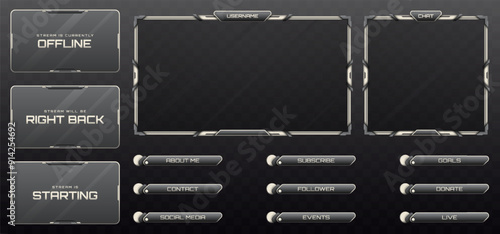 Stream Overlay Webcam Screen Frame and Stream Alert GUI Panels in Silver and Grey for Gaming and Live Video Streaming Platforms