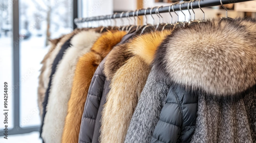 Luxurious fur coats in various colors hang neatly on metal hangers in a fashionable boutique, highlighting contemporary designs and quality craftsmanship Luxurious fur coats in various colors hang neatly on metal hangers in a fashionable boutique, highlighting contemporary designs and quality craftsmanship