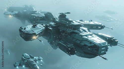 Futuristic Sci Fi Ships Flying Through a Military War Base.  photo