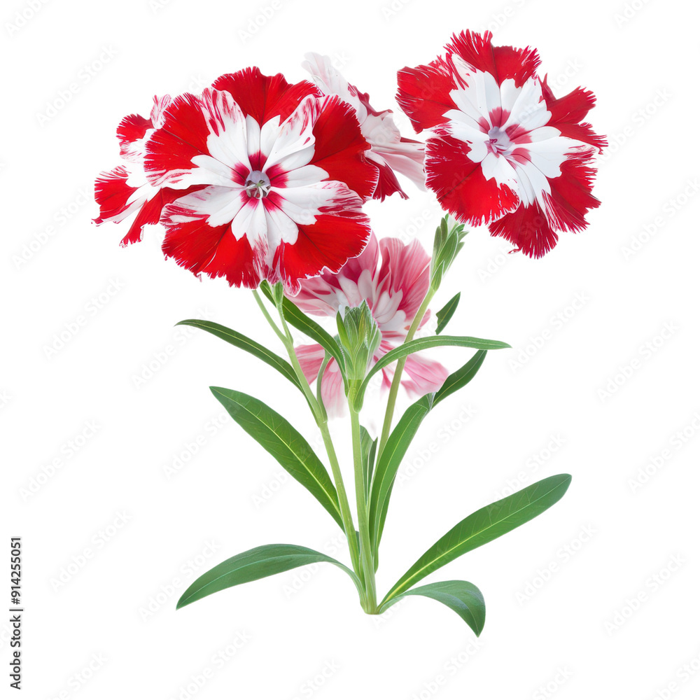 Fototapeta premium Vibrant red and white flower showcasing delicate petals and fresh green leaves, perfect for floral designs and botanical themes. PNG transparent background.