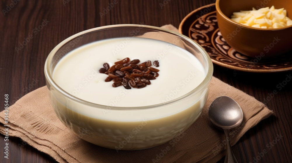 Vanilla pudding with raisins in a glass on a wooden table Vanilla pudding with raisins in a glass on a wooden table
