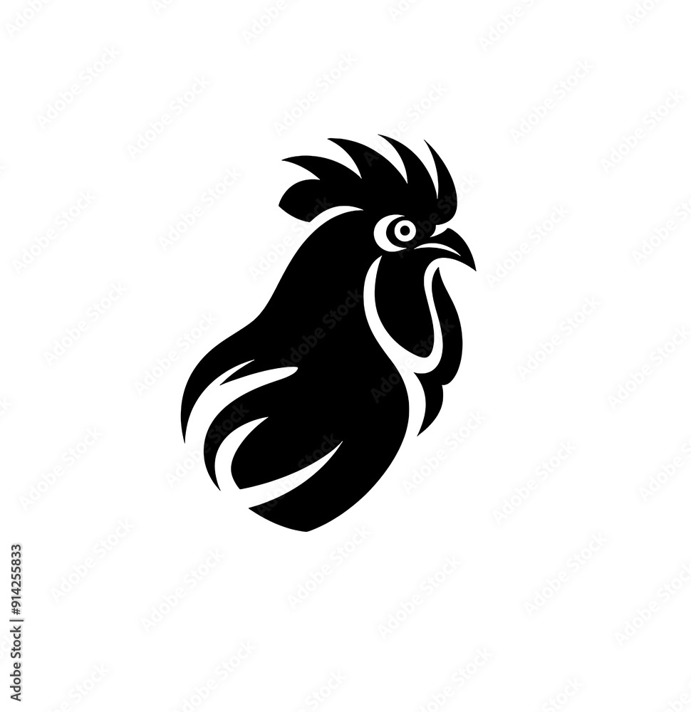 Fototapeta premium Black and white rooster head logo, sketch. Vintage print, for modern design on white background.