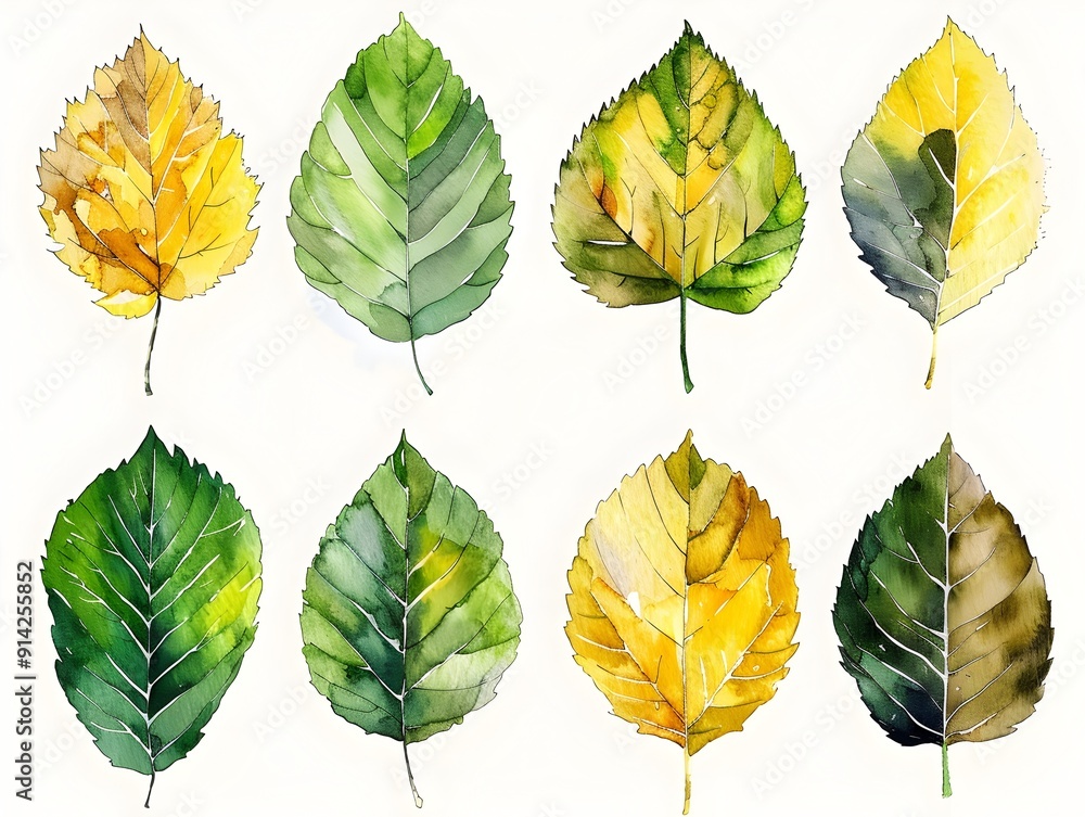 Fototapeta premium Watercolor Leaf Collection on White Background Showcasing Soft Autumnal Greens and Yellows