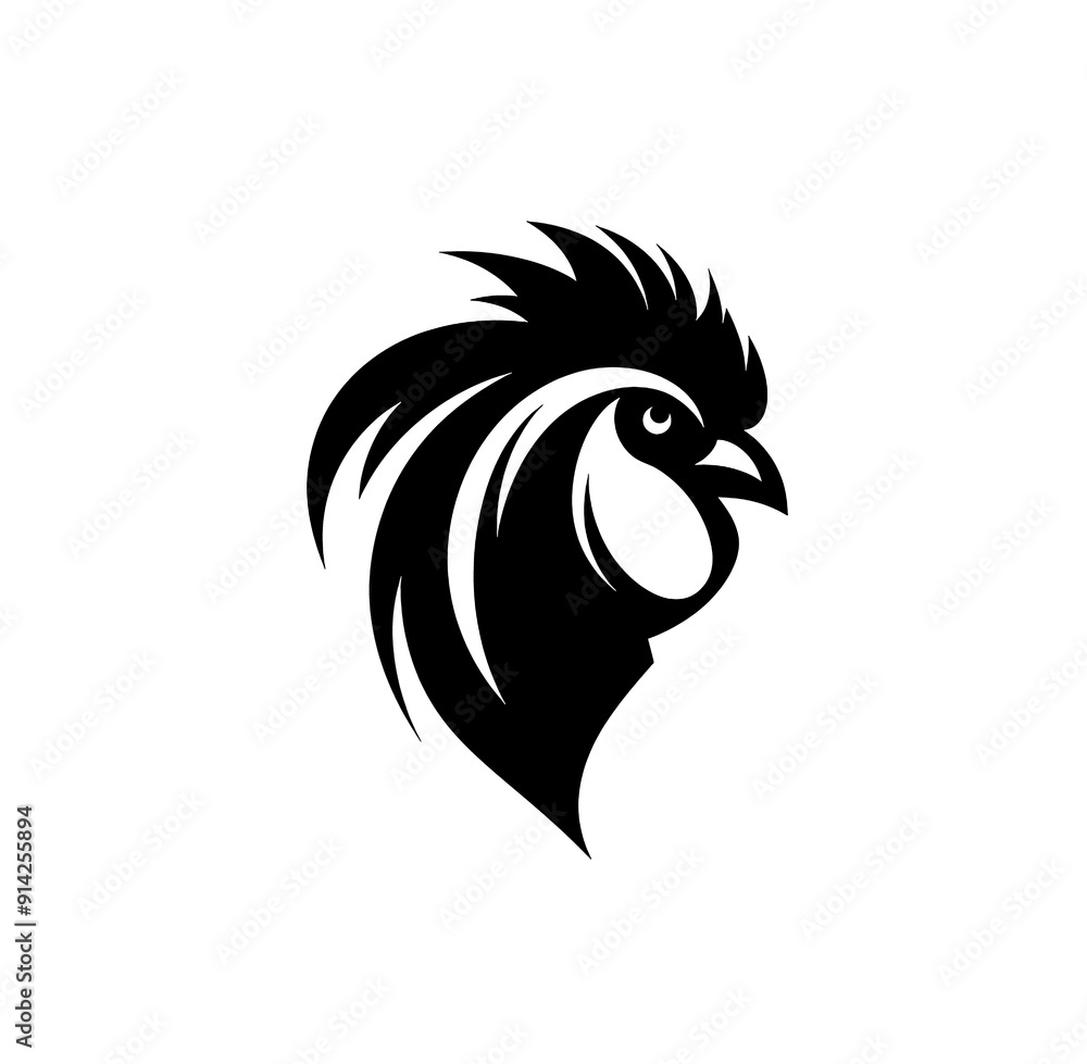 Fototapeta premium Black and white rooster head logo, sketch. Vintage print, for modern design on white background.