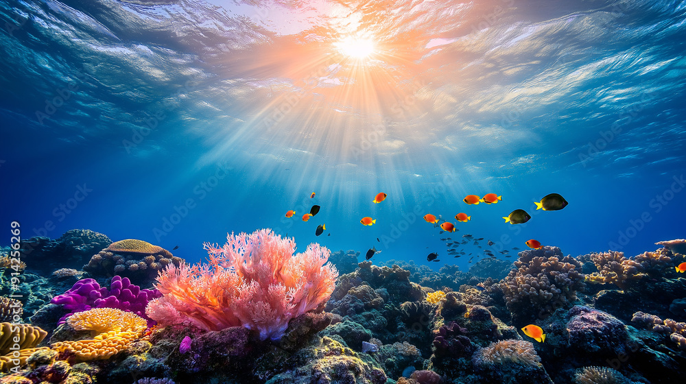 Naklejka premium Colorful coral reef under sunlight with various fish swimming in clear blue ocean waters