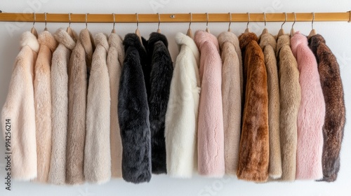 Luxurious fur coats in various colors hang neatly on metal hangers in a fashionable boutique, highlighting contemporary designs and quality craftsmanship