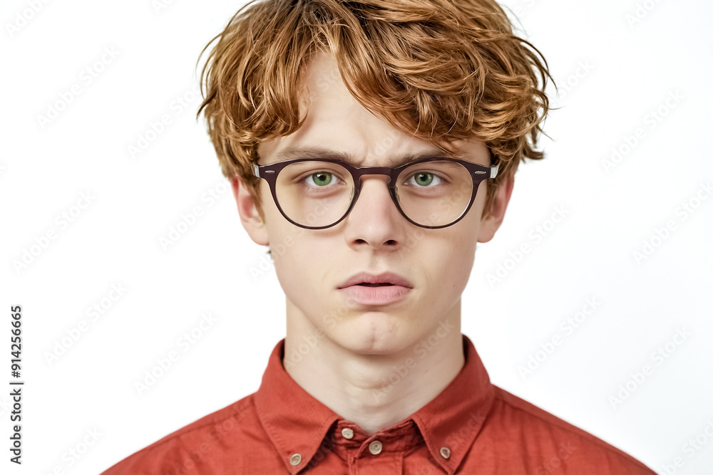 Young man with red hair and glasses looking thoughtfully at the camera Young man with red hair and glasses looking thoughtfully at the camera