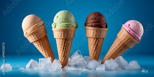 A tempting ice cream cone with multiple scoops, surrounded by ice cubes on a blue background, perfect for advertising a cool and refreshing treat.