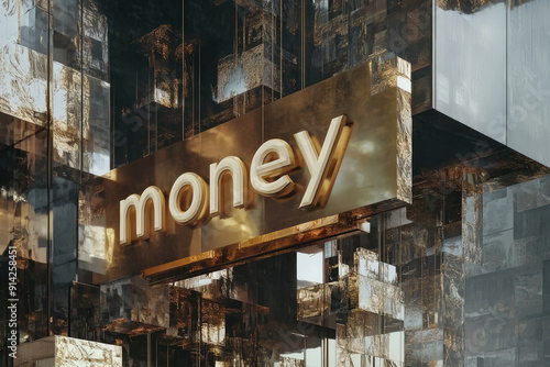 A golden sign displaying the word 'money' in a reflective, metallic environment, creating a luxurious and opulent ambiance perfect for financial concepts or commerce-themed projects. photo