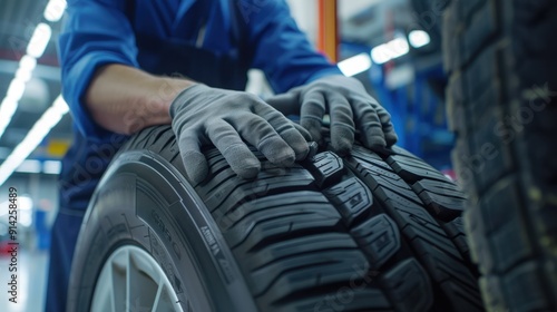 The mechanic with car tire photo