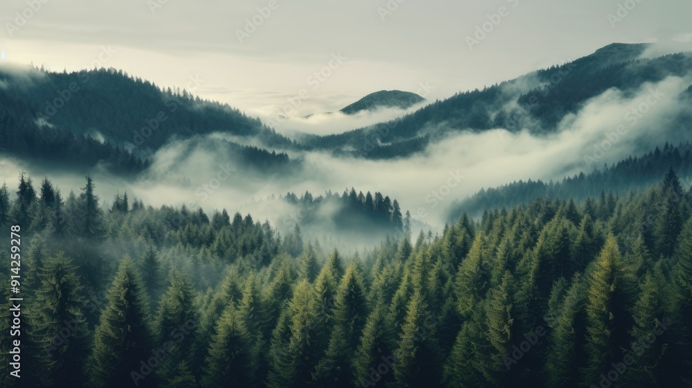 Aerial view of a misty forest on a foggy day. Aerial view of a misty forest on a foggy day.