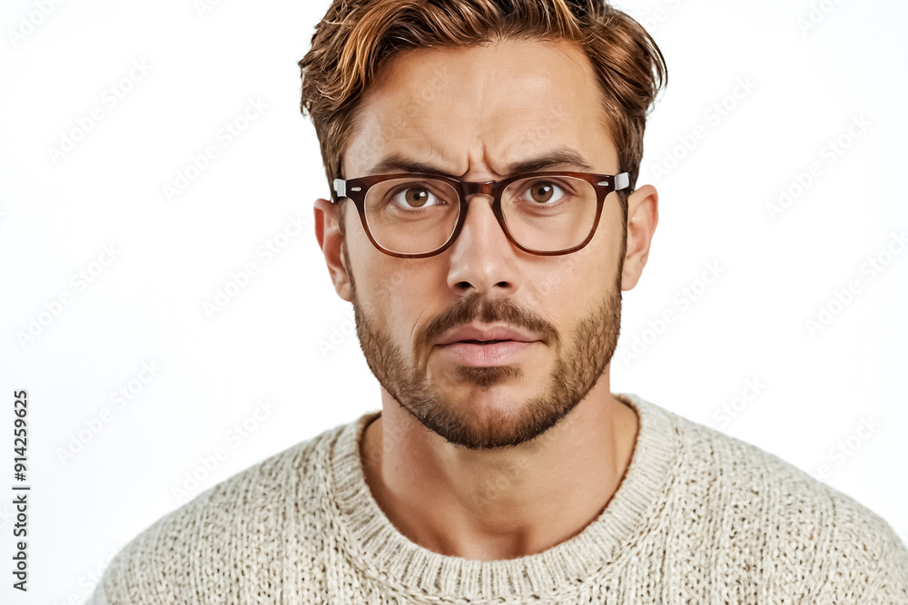 Portrait of a confused man wearing glasses and a white sweater Portrait of a confused man wearing glasses and a white sweater