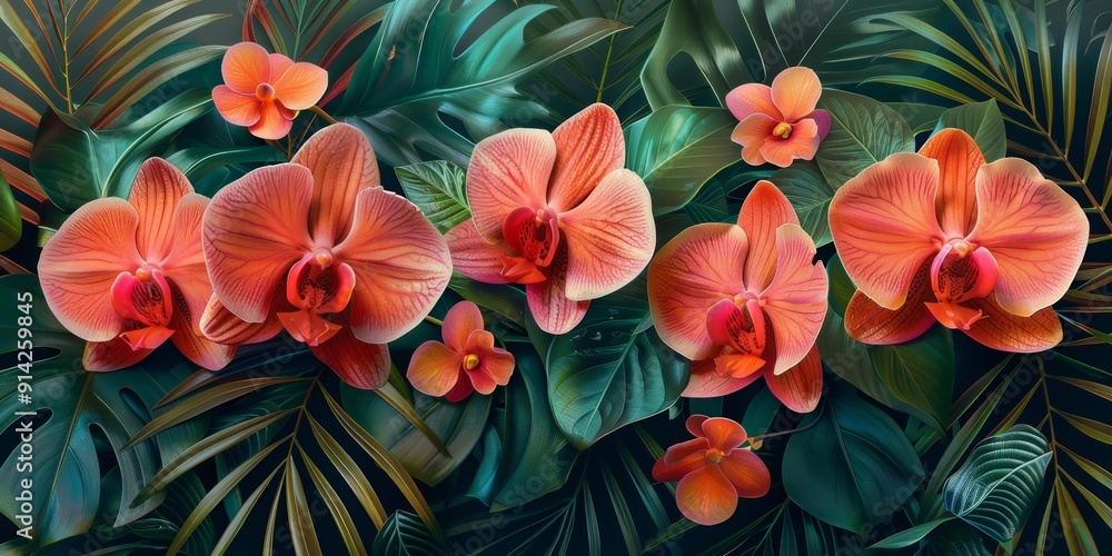 Tropical Flower Arrangement, Beautiful Flowers in Greenery, Nature-inspired Artwork Tropical Flower Arrangement, Beautiful Flowers in Greenery, Nature-inspired Artwork