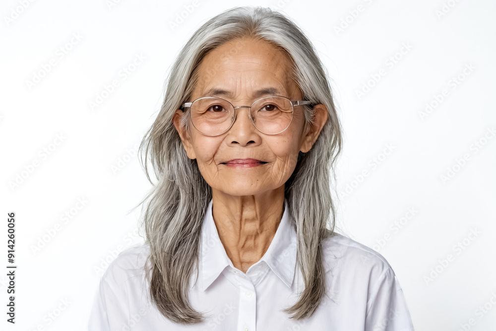 Portrait of a smiling senior woman with grey hair wearing glasses Portrait of a smiling senior woman with grey hair wearing glasses