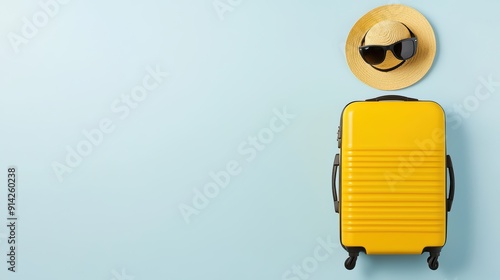 Bright yellow suitcase with a straw hat and sunglasses, perfect for summer travel and vacation planning.