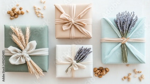 Crafted gifts feature rustic wrapping and dried lavender, celebrating a special event with a charming and elegant presentation