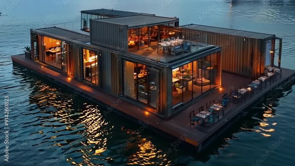 Floating Food Storage A restaurant atop a floating platform made out of many shipping ...