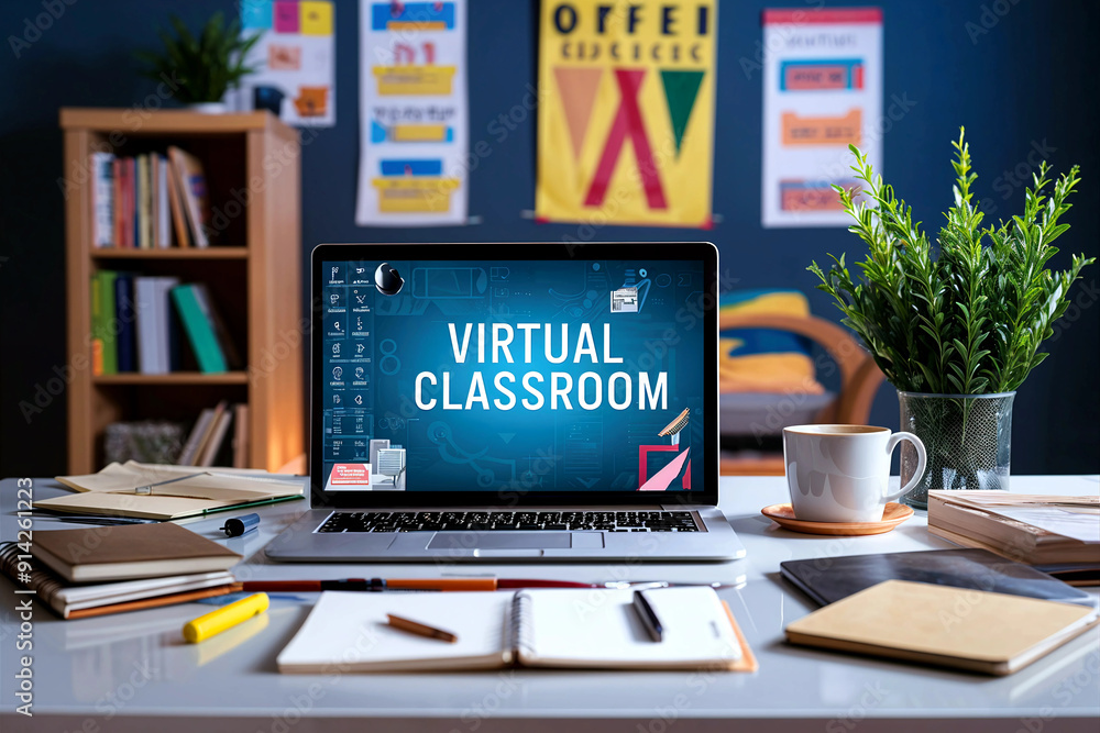 An Online Learning Setup, Laptop On A Desk With A Notebook, Pen, And A Cup Of Coffee Nearby An Online Learning Setup, Laptop On A Desk With A Notebook, Pen, And A Cup Of Coffee Nearby