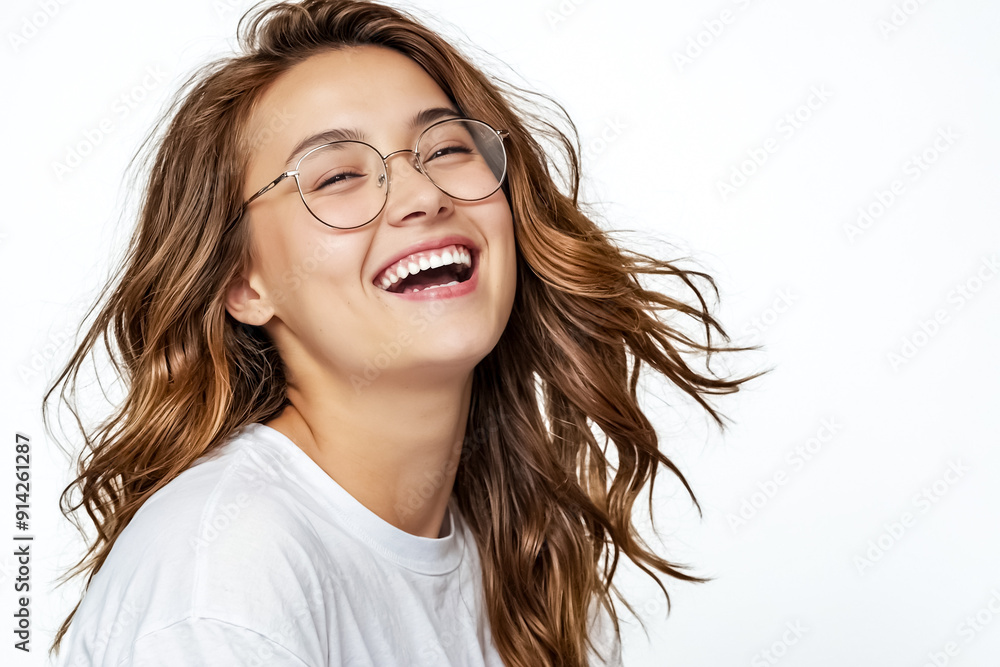 Young woman laughing happily with glasses on Young woman laughing happily with glasses on