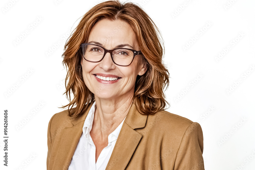 Obraz premium Smiling Middle Aged Woman in Glasses and Tan Blazer