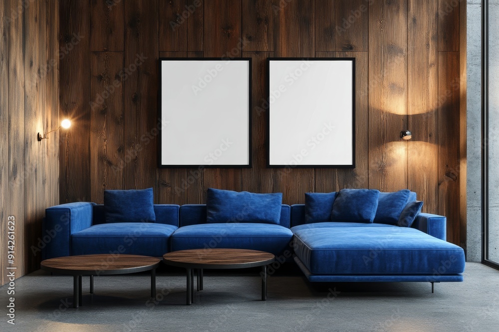 Living room interior with blank mockups on the wall, minimalist furniture, contemporary decor concept in 3D. Living room interior with blank mockups on the wall, minimalist furniture, contemporary decor concept in 3D.