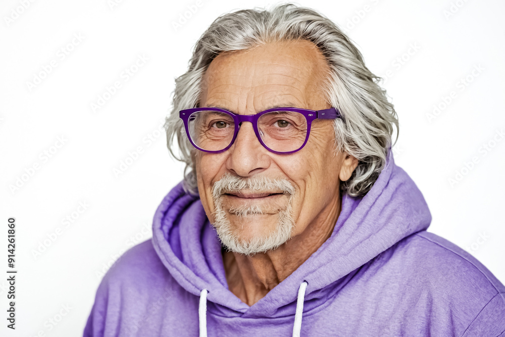 Portrait of a Smiling Senior Man with a Purple Hoodie and Glasses Portrait of a Smiling Senior Man with a Purple Hoodie and Glasses