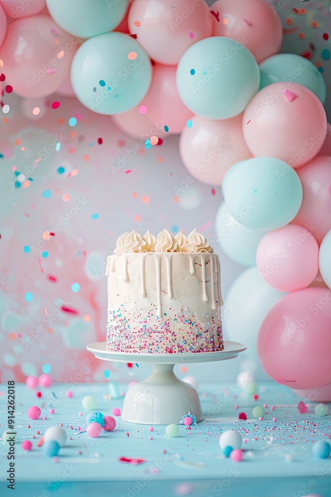 A cake with pink frosting and sprinkles sits on a white plate on a table A cake with pink frosting and sprinkles sits on a white plate on a table