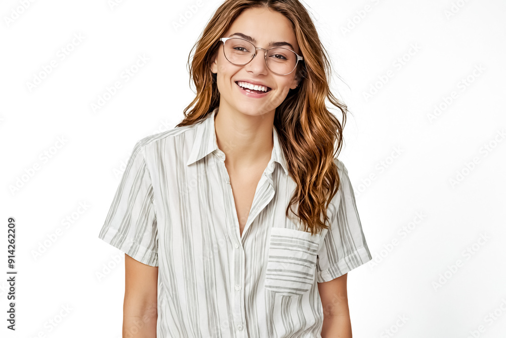 Portrait of a Happy Young Woman Wearing Glasses and a Striped Shirt