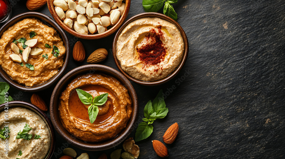 Assorted nut-based dips including almond butter dip, cashew cheese, and walnut pate on a dark slate background