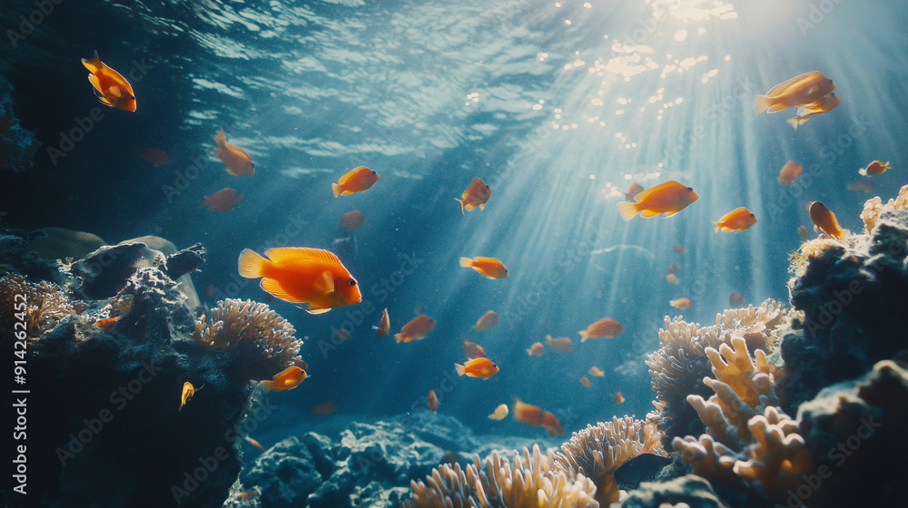 Naklejka premium Underwater scene with orange fish swimming among corals in sunlit ocean