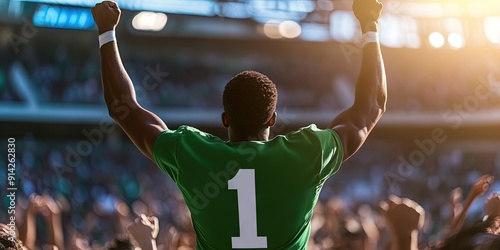 fan cheering in stadium, blank green football jersey, white number "1"