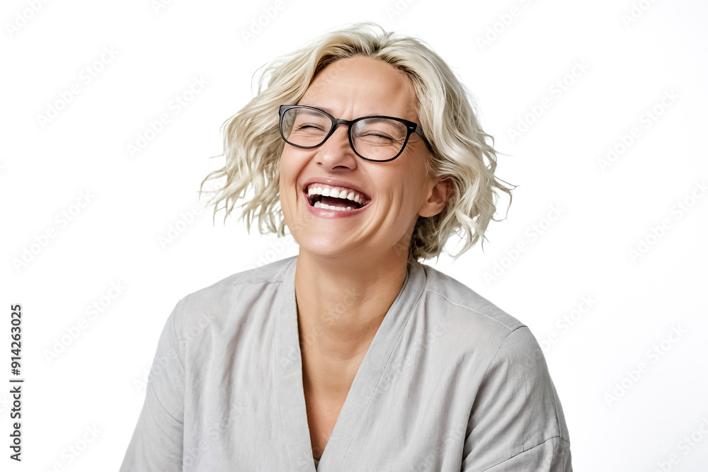Woman with short blond hair laughing Woman with short blond hair laughing