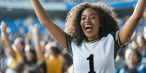 african american fan cheering in stadium, blank white football jersey, black gold trim, black number 